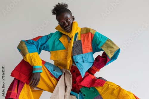 Fashion editorial, model in clashing color-blocked outfit, avant-garde pose