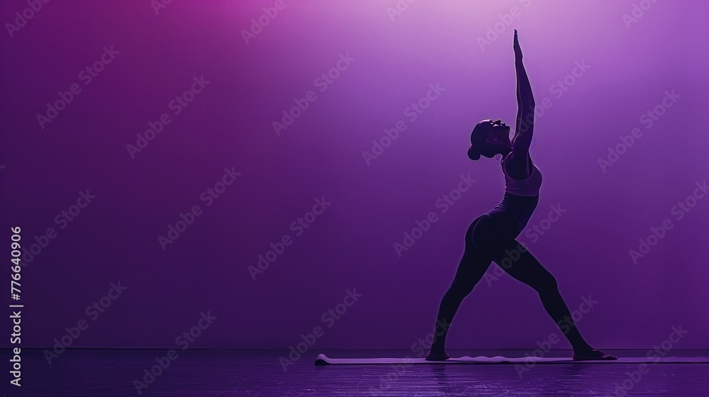 A woman doing a yoga pose. Silhouette on a shaded purple background