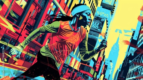 Pop art rendition of a runner in bold colors, surrounded by iconic urban landmarks and street signs