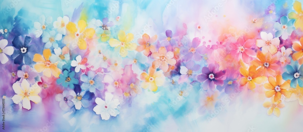 Vibrant painting depicting a beautiful field filled with an array of colorful flowers in bloom under a clear blue sky Vibrant painting depicting a beautiful field filled with an array of colorful flowers in bloom under a clear blue sky