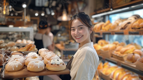パン屋で働くアジア人女性