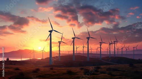 Wind generator turbines sihouettes on sunset ,a beautiful view for visiter with sunset photo