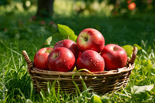 Basket of red ripe apples in the garden. Harvesting of apples.