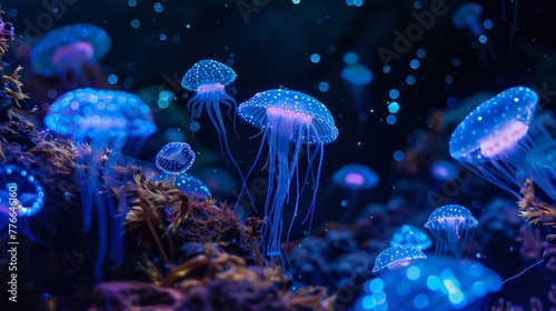 Shades of neon and electric blue illuminate a darkened world of bioluminescent organisms. © Justlight