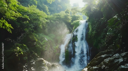 Majestic waterfall among moss-covered rocks. Peaceful nature scenery.