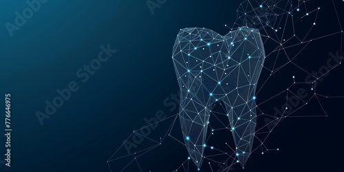 Abstract image of tooth low poly wireframe in the form of a starry sky or space, consisting of points, lines, and shapes in the form of planets, stars and the universe. Vector dental. RGB Color mode