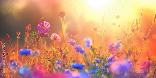 beautiful wild flowers against the background of sunrise. flowering field painted with oil paints, © Muhammad