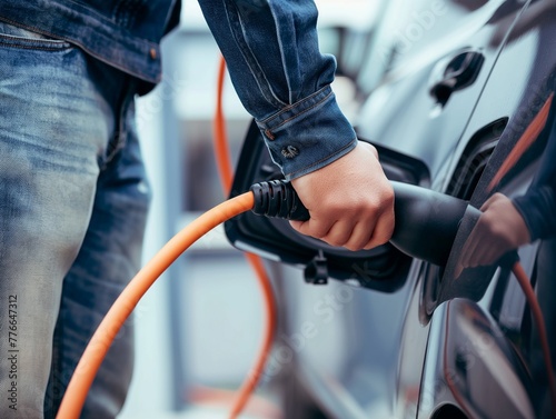 man holding power supply cable at electric vehicle charging station, closeup