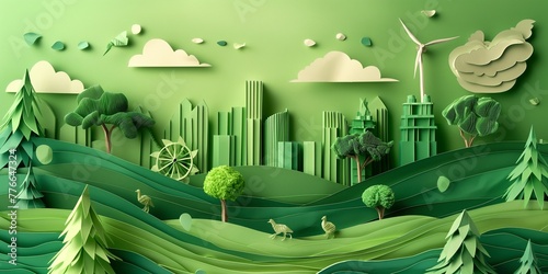 paper art of world environment day, earth, green city, wind wheel, tree, nature, perfect figure photo