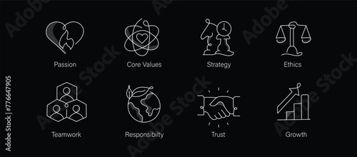 Business Core Values. Corporate values, cultural ethos, ethical standards, guiding principles, organizational culture. Icon Set with Passion, Ethics, Goals, Growth, and More. Editable Stroke.