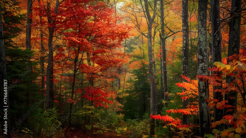 Transforming into a tapestry of vibrant colors, the forest is ablaze with leaves in hues of red, orange, and yellow.