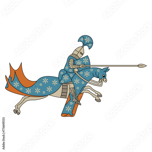 Medieval knight running with spear on a horse. Lancelot. Illuminated manuscript design. Isolated vector illustration.