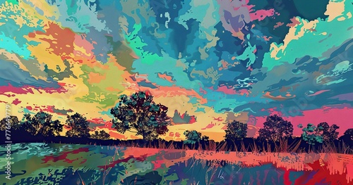 vector color seperation   4 holographic 8-bit sky  a field near trees   3 in the style of dreamy and romantic