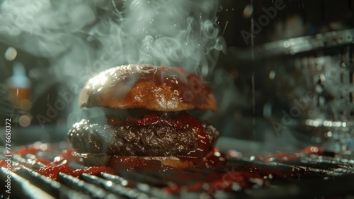 Burger on fire grill with glossy bun and smoke - Delectable burger with a glossy bun sizzling on a fire grill with smoke, perfect for a BBQ scene