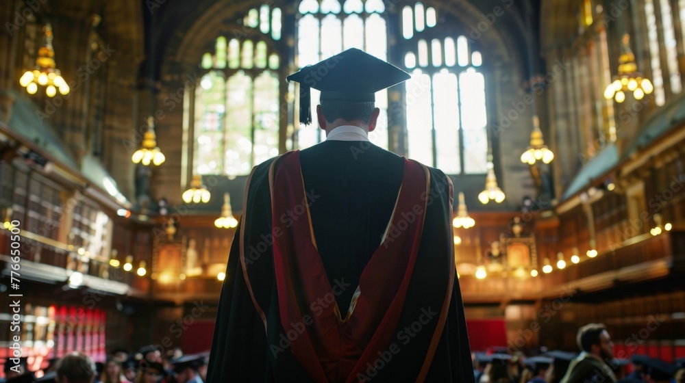 A man wearing a graduation gown is standing in a spacious, modern building. The man appears proud and confident in his achievement, surrounded by the grandeur of the architecture. A man wearing a graduation gown is standing in a spacious, modern building. The man appears proud and confident in his achievement, surrounded by the grandeur of the architecture.