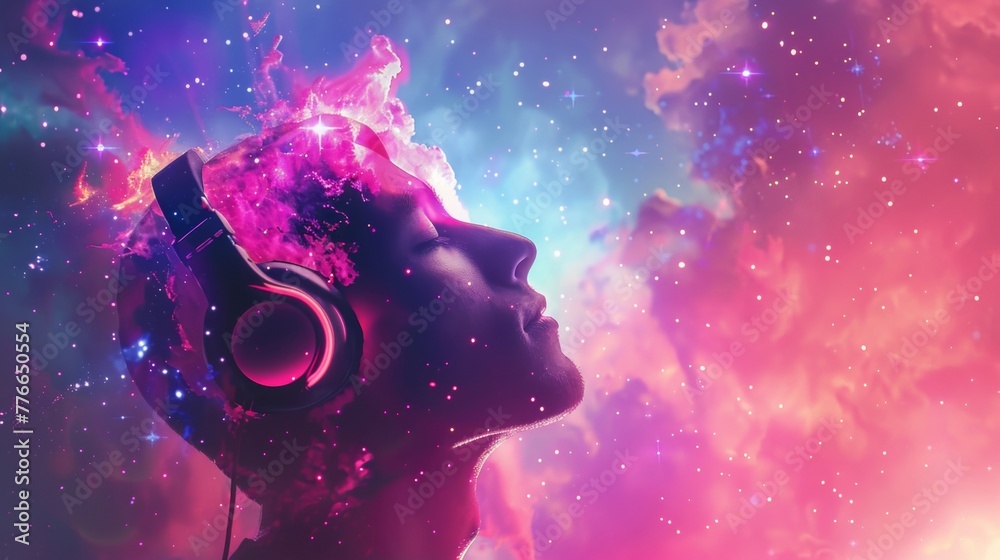 A man's head is seen in profile with a pair of headphones resting in front of a vibrant and colorful backdrop. The woman appears to be listening to music or audio content through the headphones. A man's head is seen in profile with a pair of headphones resting in front of a vibrant and colorful backdrop. The woman appears to be listening to music or audio content through the headphones.