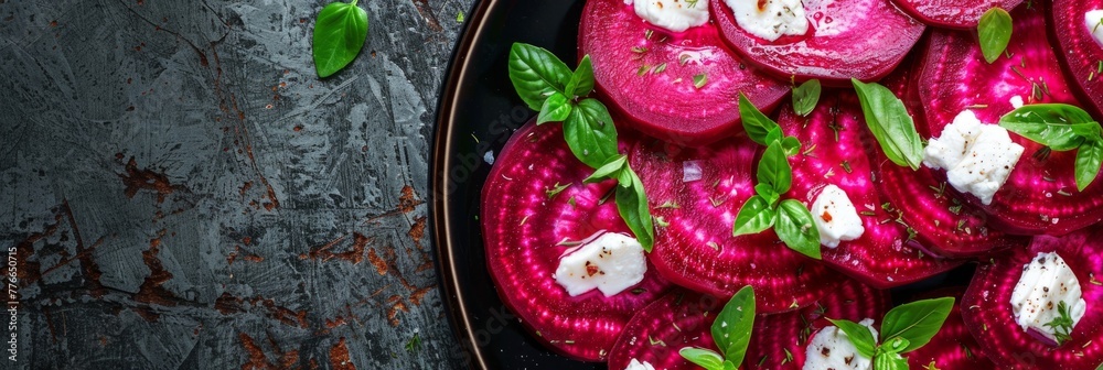 Beetroot salad with cheese on rustic background - Freshly sliced beets arranged with herbs and cheese on a rustic table, ideal for healthy lifestyle concept Beetroot salad with cheese on rustic background - Freshly sliced beets arranged with herbs and cheese on a rustic table, ideal for healthy lifestyle concept