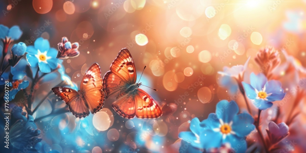 A group of butterflies can be seen flying gracefully over a field of vibrant blue flowers. The butterflies are colorful and delicate, fluttering their wings as they move from flower to flower. A group of butterflies can be seen flying gracefully over a field of vibrant blue flowers. The butterflies are colorful and delicate, fluttering their wings as they move from flower to flower.