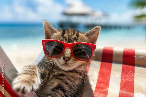 A kitten wearing sunglasses is sitting on a beach chair. Summer heat concept