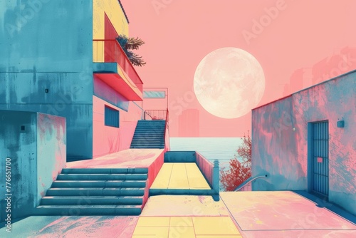 A pink and blue cityscape with a large moon in the sky. Risograph effect, trendy riso style