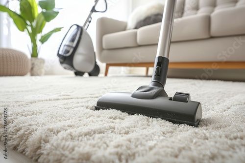 A black vacuum cleaner is on a white carpet in a living room photo