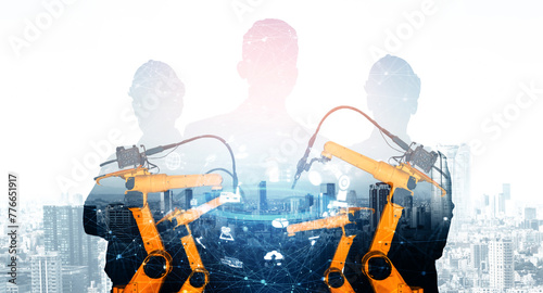 XAI Mechanized industry robot arm and factory worker double exposure. Concept of robotics technology for industrial revolution and automated manufacturing process.