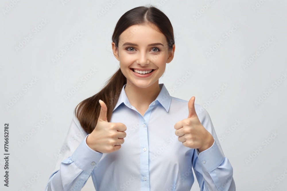Photo of adorable confident lady dressed shirt showing two thumbs up Photo of adorable confident lady dressed shirt showing two thumbs up