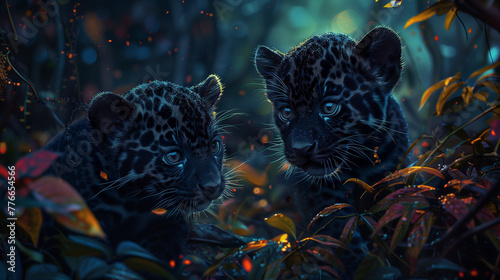 Enigmatic Leopard Cubs Amidst Twilight Foliage