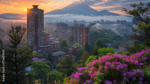 Urban Sunrise with Azaleas and Mount Fuji