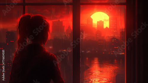Woman Silhouetted Against a Red Sunset Cityscape