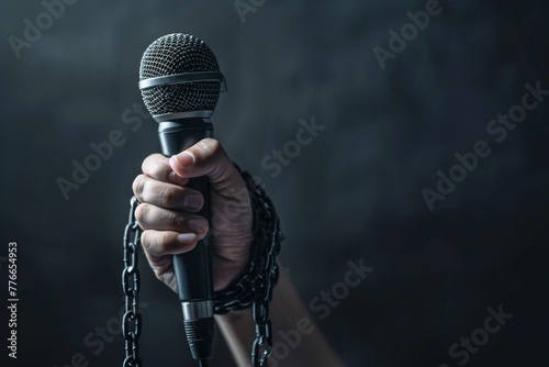World press Freedom Day concept. Hand holding a microphone with chain on dark background photo