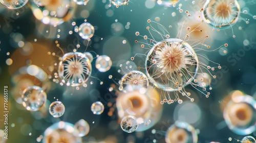 A group of pollen grains floating in a droplet of water giving a mesmerizing view of their minuscule size and spherical shapes.