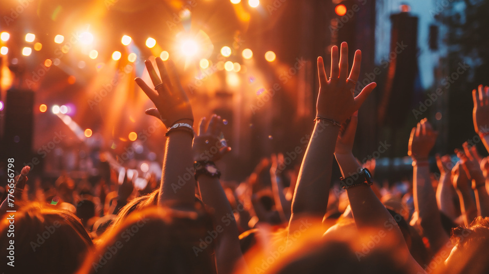 Fototapeta premium Crowd at a music festival raising hands up in the air