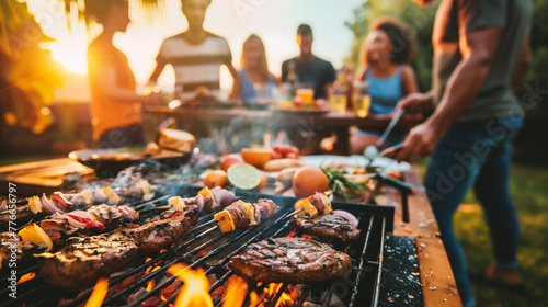 Group of friends having barbecue party outdoors - People having fun on summer vacation photo