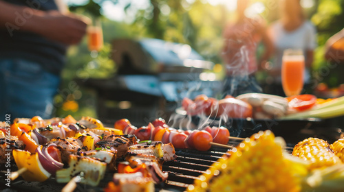 Barbecue with grilled meat, vegetables and corn on skewers on grill