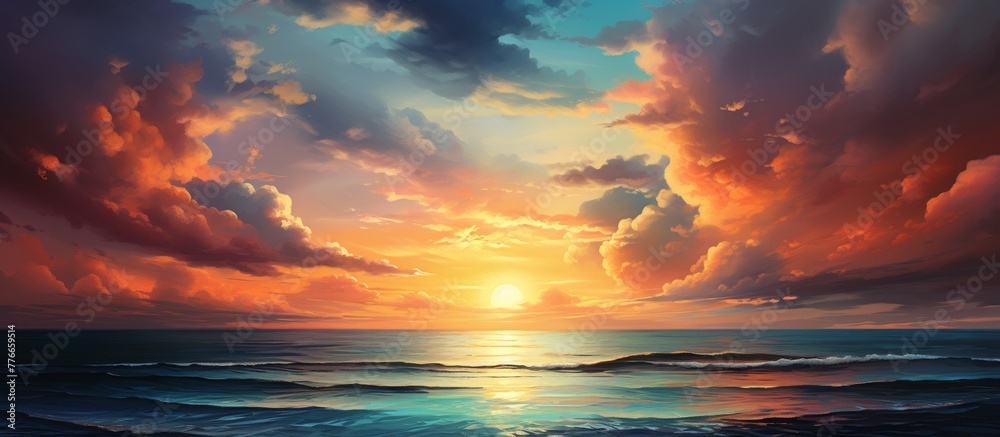 A breathtaking sunset scene at the ocean with stunning clouds and waves gently crashing on the shore