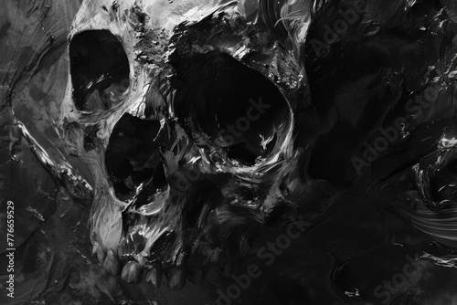 The skull is drowning in oil. Backdrop for design with selective focus and copy space.