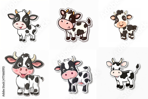 A collage of six cartoon cows with varied poses and expressions, predominantly in black and white.