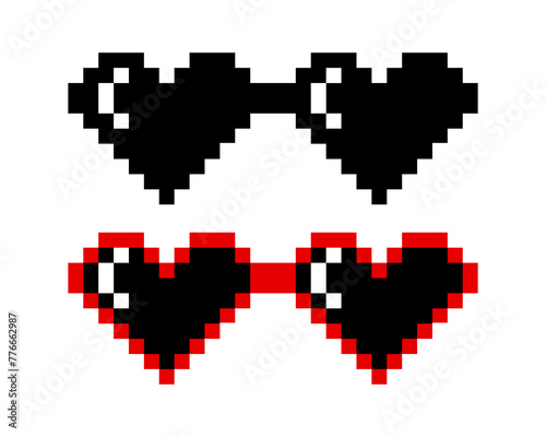 Vector Pixelated Sunglasses, Pixel Boss Glasses Icon Set in 8 bit Retro Style. Summer Meme Game 8-bit Sunglasses Design, Mafia Gangster Funky Sunglasses. Rap Music Design Element
