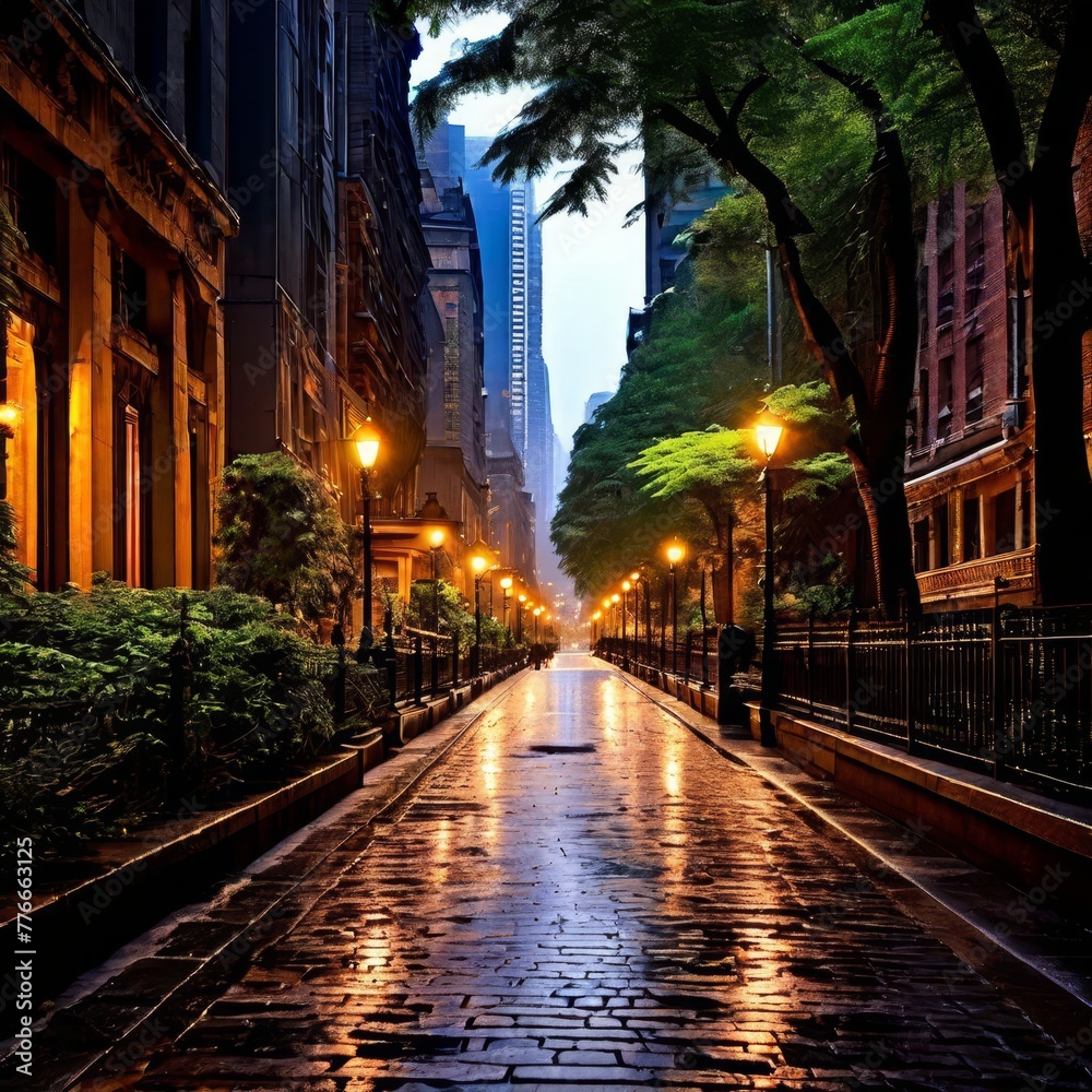 illustration, a reflection of the dark street on the wet pavement, ai generative illustration, a reflection of the dark street on the wet pavement, ai generative