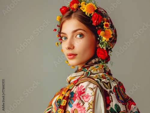 Woman, Slavic type of beauty in Regional costume from Cracow, Poland, Folk, basic background, copy space