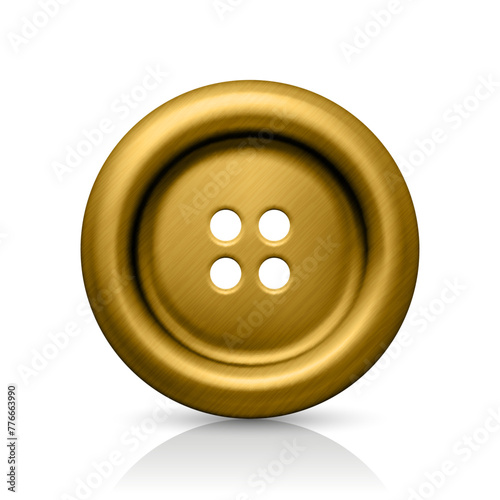 Vector Detailed Golden Color Metal Four-Hole Sewing Button with Reflection, Closeup, Isolated. Round Minimalistic Shiny Clothes Button in Front View