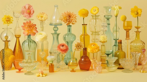 Designer colored glass vase on yellow background reflected in glass surface.