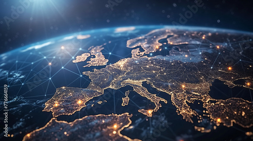 Communication technology with global internet network connected in Europe. Telecommunication and data transfer european connection links. IoT, finance, business, blockchain, security. 