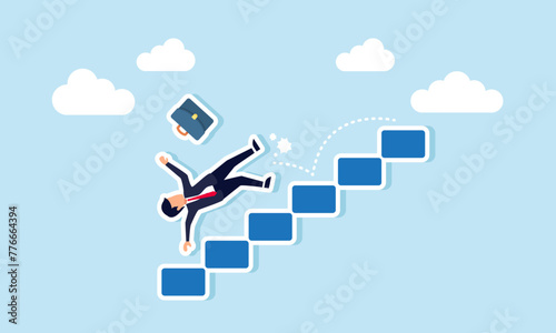 Business risk, mistake, challenge, difficulty, accident leading to bankruptcy, concept of Unlucky businessman falls downstairs during economic crisis or career setback