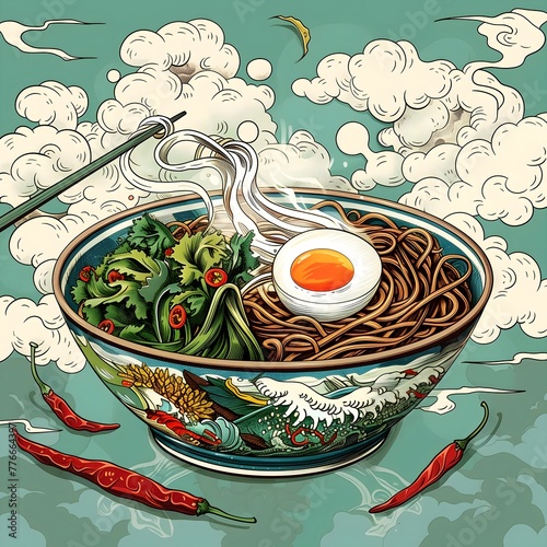 Colorful illustration of a steaming bowl of Asian noodles, Ramen, with vegetables, a perfectly cooked sunny-side-up egg, and chopsticks, set against a whimsical cloud background.