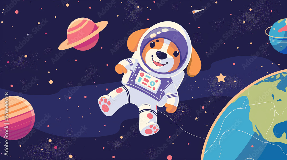 Naklejka premium astronaut puppy dog fly in space galaxy in suit with view of rocket, earth planet, star behind as funny animal dog fantasy universe and science vector background