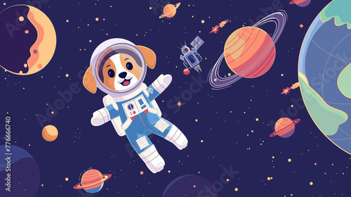 astronaut puppy dog fly in space galaxy in suit with view of rocket  earth planet  star behind as funny animal dog fantasy universe and science vector background