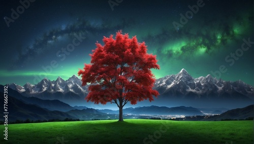 A single red tree stands in a grassy field with mountains in the distance and an aurora in the sky.

 photo