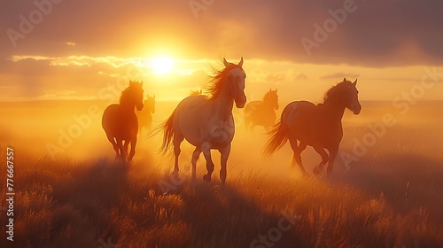 Wild horses gallop across prairie at sunrise, dust in golden light